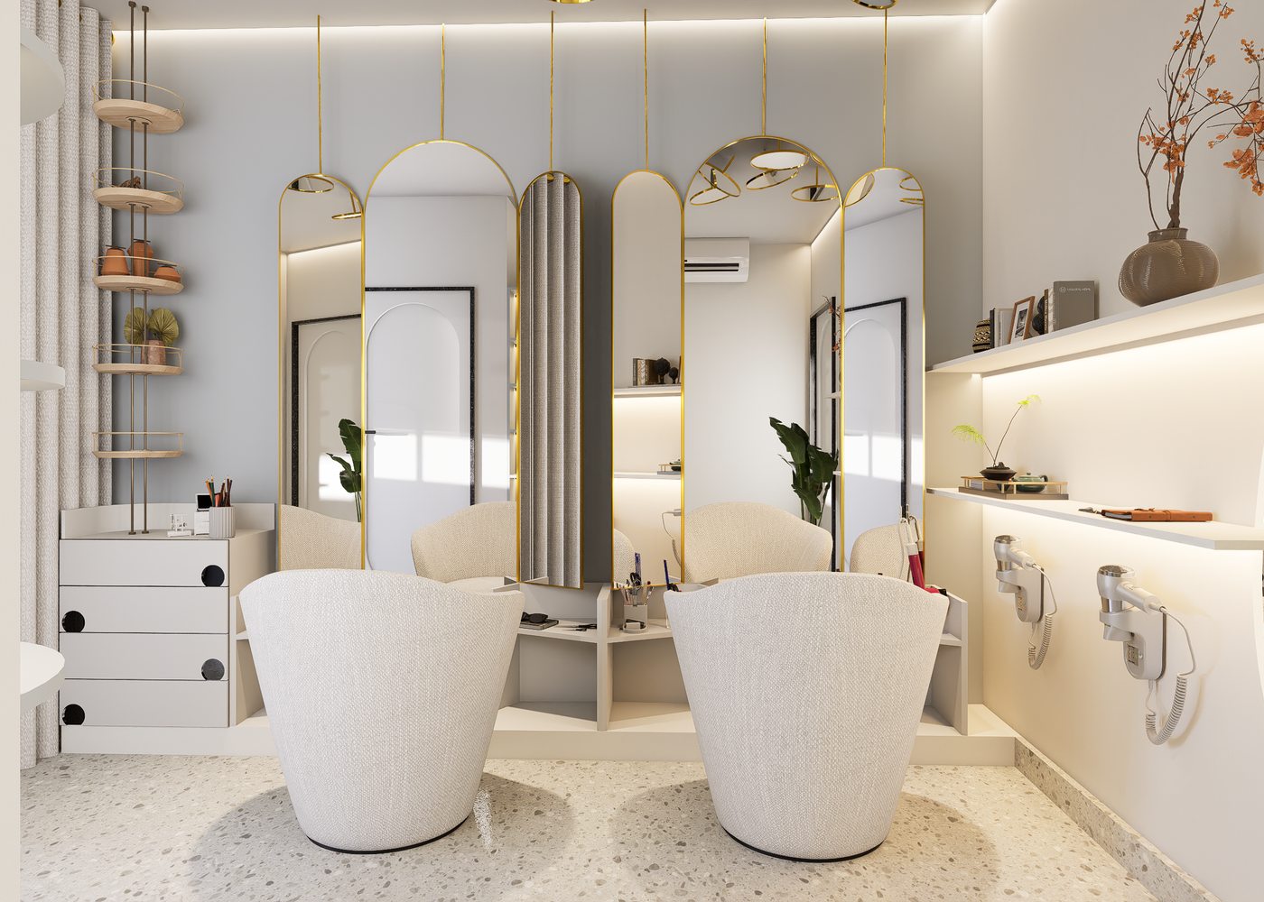 The salon floor: arched mirrors, cream boucle chairs and a terrazzo floor